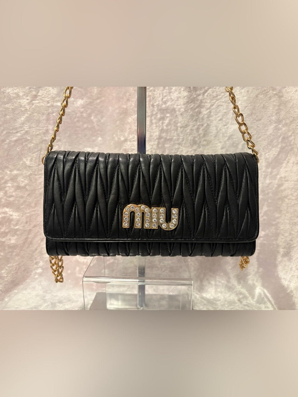 Miu Miu Matelassé Lambskin Rhinestone Continental Flap Wallet Black COA